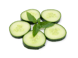 Cucumber and slices isolated over white background.