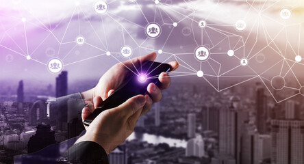 People network and global creative communication concept. Business people with modern graphic interface of community linking many people around world by social media to connect international business.