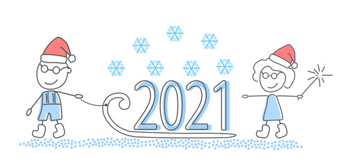 Vector illustration for the new year 2021. Banner, postcard man and woman, sleigh and snowflakes. Santa Claus and holiday.