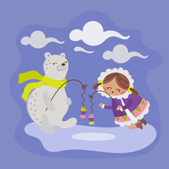 ALASKA BEAR Flat Design Winter Girl Vector Illustration Set