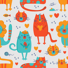 CAT CIRCUS Hand Drawn Seamless Pattern Vector Illustration