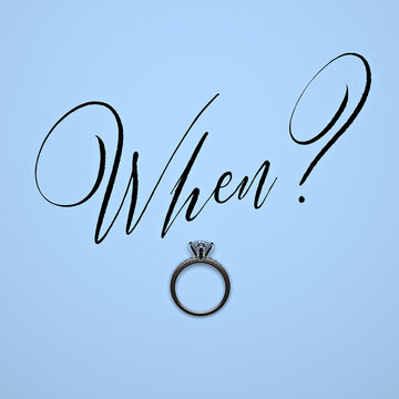 Handwriting question "WHEN?" and a diamond engagement ring.
Waiting for an engagement, worrying about not getting a marriage proposal, being disappointed. 3D render.