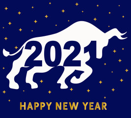 Chinese new year 2021 background. Abstract ox, bull, cow. Lunar horoscope sign.  Greeting card. Flat bull logo sign 2021 on a blue background with gold stars. Happy new year.