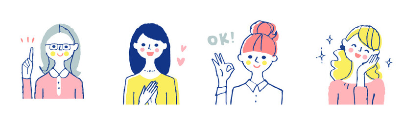 様々なポーズの笑顔の女性　4人