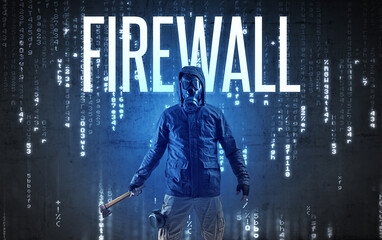 Faceless hacker with FIREWALL inscription, hacking concept