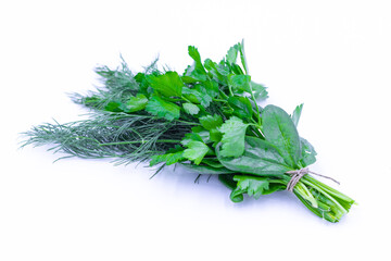 A bunch of fresh herbs. Dill, parsley, spinach. White background.