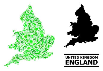 Drugs mosaic and solid map of England. Vector map of England is created of randomized vaccine symbols, addict and alcohol bottles. Abstract territorial scheme in green colors for map of England.