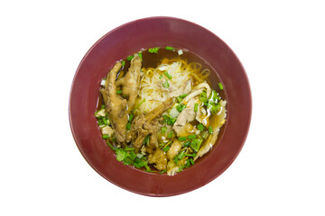 Duck noodles soup with chicken feet in brown bowl.