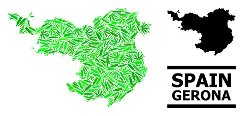 Addiction mosaic and usual map of Gerona Province. Vector map of Gerona Province is designed from randomized injection needles, herb and alcohol bottles.