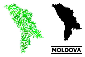 Addiction mosaic and solid map of Moldova. Vector map of Moldova is shaped with randomized injection needles, dope and wine bottles. Abstract territorial plan in green colors for map of Moldova.