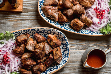 Hot Grilled Beef Kebab or Barbecue Shashlik. BBQ Meat