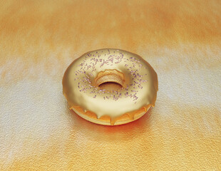 Golden donut with golden glaze, sweet unusual doughnut on golden background, jewelry craftsmanship, 3d render