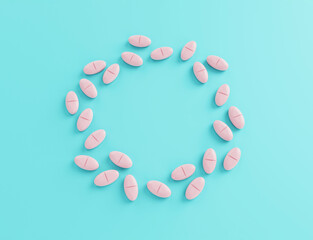 pink pills form a circle on the blue table. Medical, pharmacy and healthcare concept. Copy space. Empty place for text. 3d render