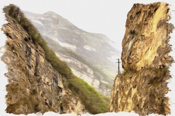Mountain Cherek gorge. Imitation of a picture. Oil paint. Illustration