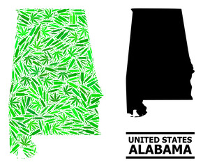 Addiction mosaic and usual map of Alabama State. Vector map of Alabama State is created of randomized injection needles, cannabis leaves and wine bottles.
