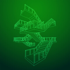Wireframe stairs, interior staircases steps with railing