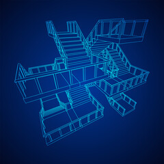 Wireframe stairs, interior staircases steps with railing