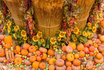 Autumn concept with seasonal fruits and vegetables