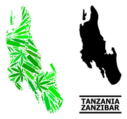 Drugs mosaic and solid map of Zanzibar Island. Vector map of Zanzibar Island is done from scattered vaccine symbols, dope and drink bottles. - obrazy, fototapety, plakaty