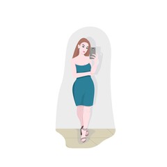 Girl in evening dress and sandals makes selfie, red-haired girl, young lady with phone in hands, vector illustration in flat style.