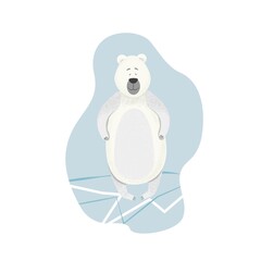 White polar bear standing on ice, cute bag, wild animals, winter illustration, vector illustration in cartoon style, isolated object on a white background