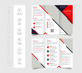 Vector triple folding corporate brochure for business and advertising. The template is white with a red shape. Design for printing and advertising.