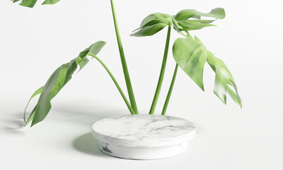 White marble product display podium with nature leaves. 3D rendering