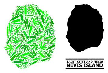 Addiction mosaic and solid map of Nevis Island. Vector map of Nevis Island is designed with scattered injection needles, marijuana and drink bottles.