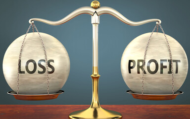 loss and profit staying in balance - pictured as a metal scale with weights and labels loss and profit to symbolize balance and symmetry of those concepts, 3d illustration - obrazy, fototapety, plakaty
