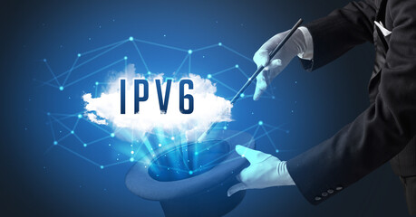 Magician is showing magic trick with IPV6 abbreviation, modern tech concept