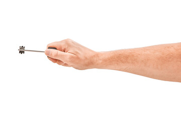 Male hand holding a key to the house, isolated over a white background.