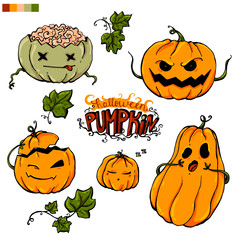 Set of colorful juicy vector pumpkins for Halloween on a white background.