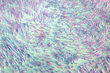 Growing wavy particles, abstract color background, 3d rendering.