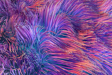 Growing wavy particles, abstract color background, 3d rendering.