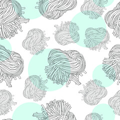 Many bundles of paste on a white background with blue circles. Seamless pattern in retro style. Thin contour drawing.