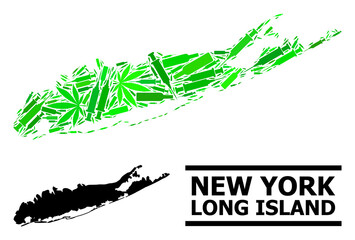 Addiction mosaic and usual map of Long Island. Vector map of Long Island is composed from random syringes, weed and alcoholic bottles. Abstract territorial plan in green colors for map of Long Island.