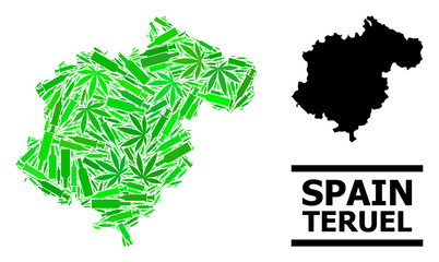 Addiction mosaic and usual map of Teruel Province. Vector map of Teruel Province is formed from randomized vaccine symbols, narcotic and alcohol bottles.