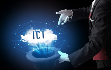 Magician is showing magic trick with ICT abbreviation, modern tech concept