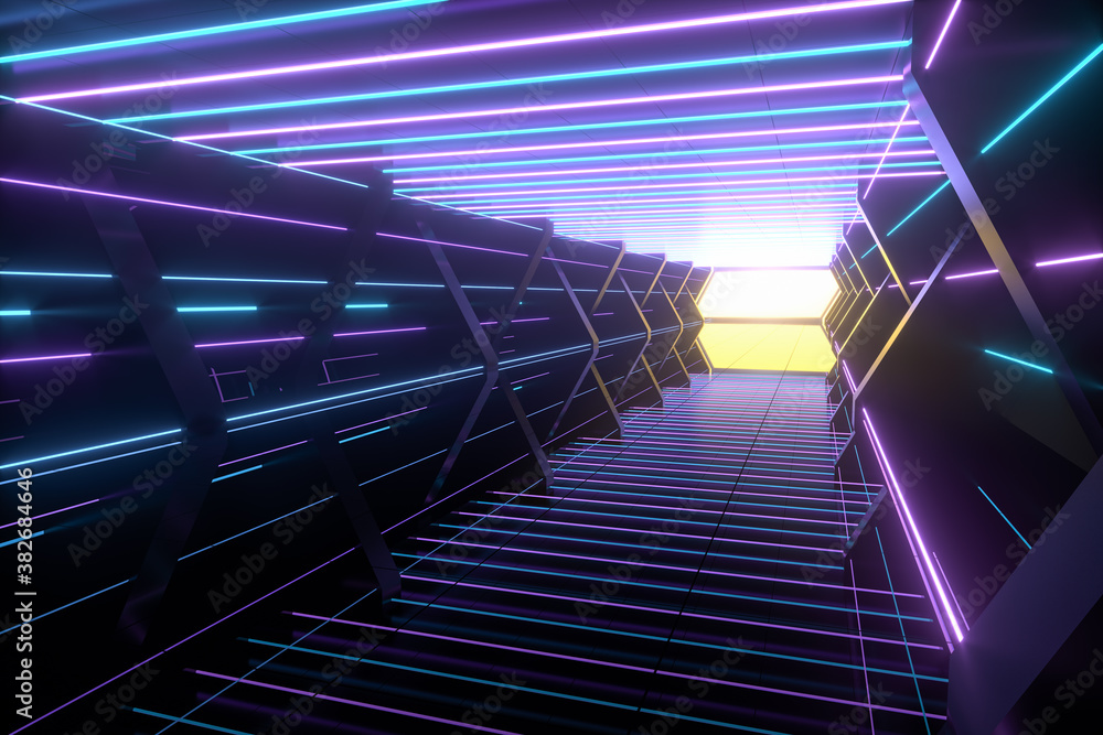 Aufkleber dark spaceship tunnel with glowing lines, 3d rendering.