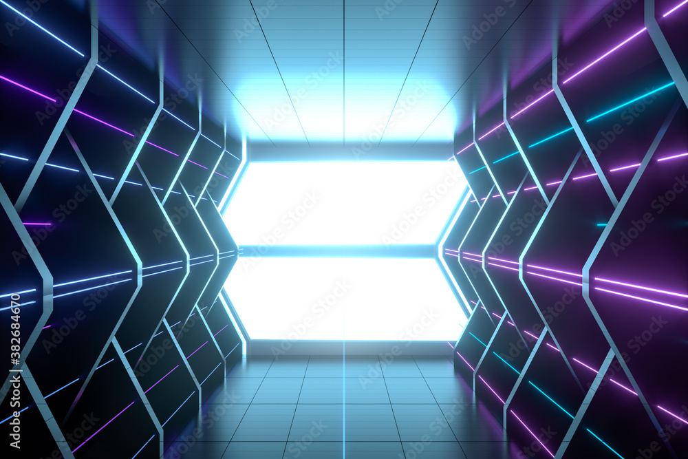 Poster dark spaceship tunnel with glowing lines, 3d rendering.