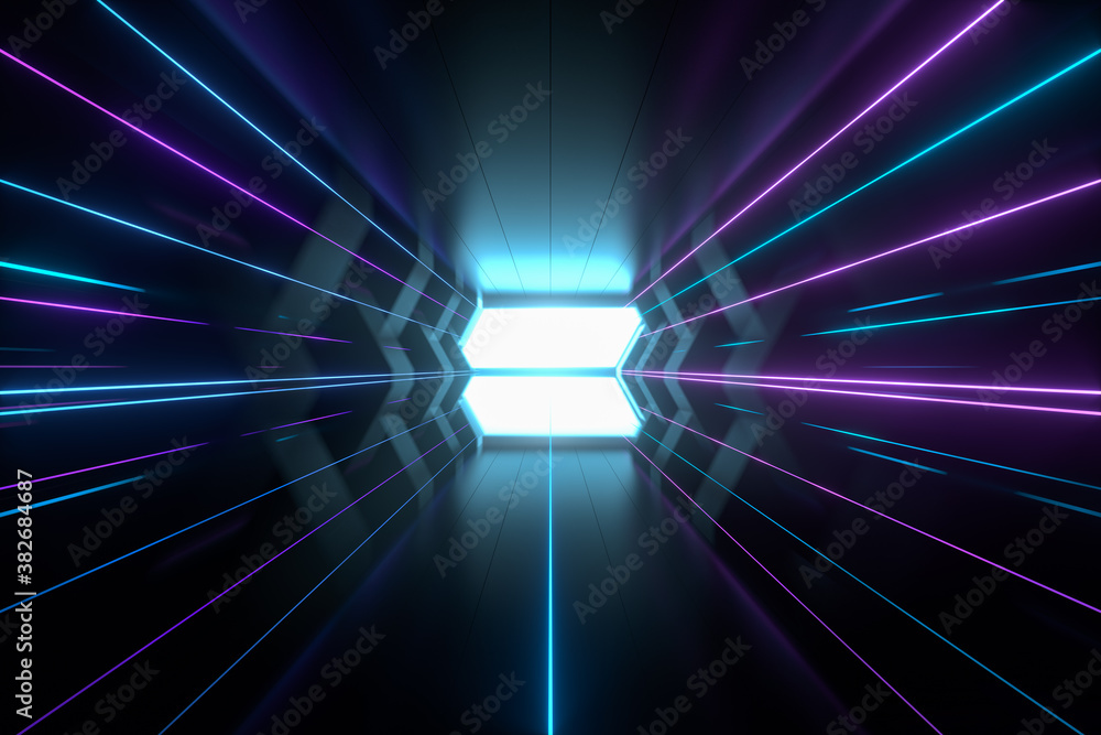 Poster dark spaceship tunnel with glowing lines, 3d rendering.