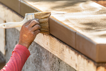 Construction Worker Using Brush On Wet Cement Forming Coping Around New Pool