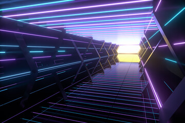 Fototapeta premium Dark spaceship tunnel with glowing lines, 3d rendering.