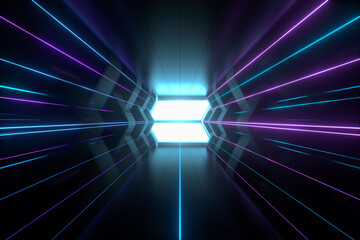 Dark spaceship tunnel with glowing lines, 3d rendering.