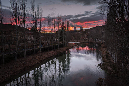 Sunset landscape in Trillo with the nuclear power plant in the background, Trillo (Guadalajara), Spain.