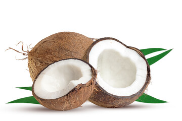 large whole coconut and its part with green leaves on a white background