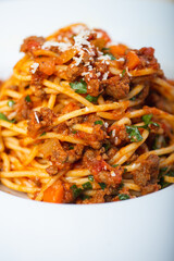 Traditional Italian pasta spaghetti with carbanara meat.