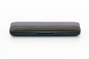 Black plastic protective case on white background