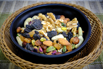 Bowl with a mixture of dried fruit and nuts
