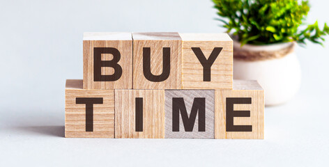 BUY TIME motivation text on wooden blocks business concept white background. Front view concepts, flower in the background.